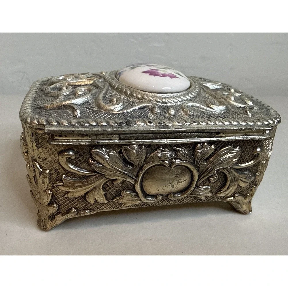 Victorian Style Rose Cameo Vanity Trinket Box Vintage Japan Signed Red Velvet